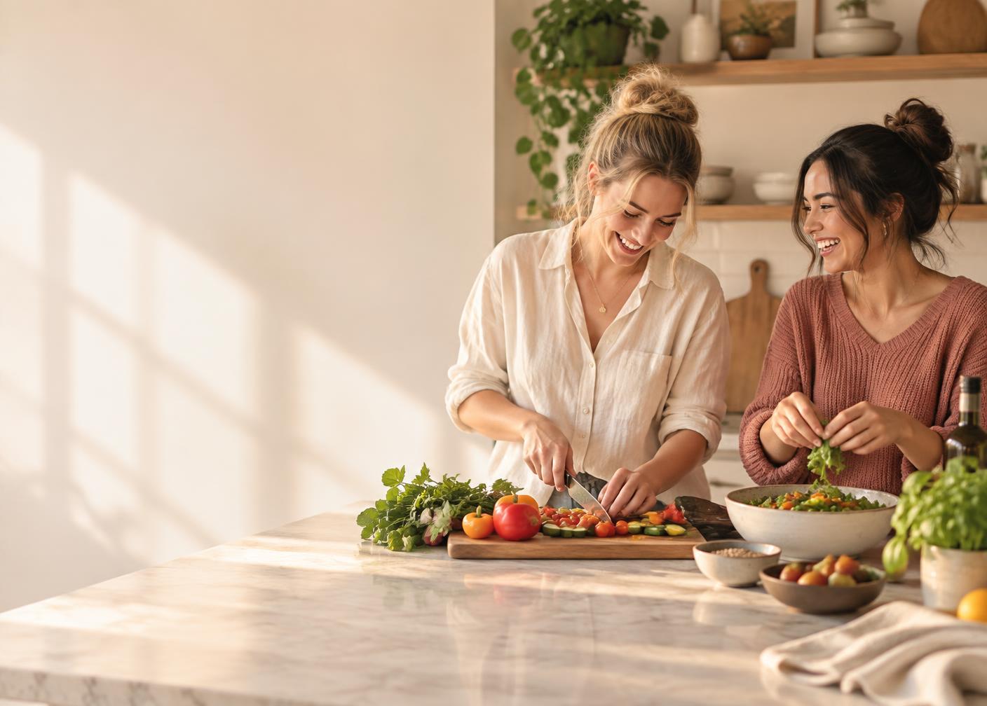 Two women preparing a fresh, colorful meal together